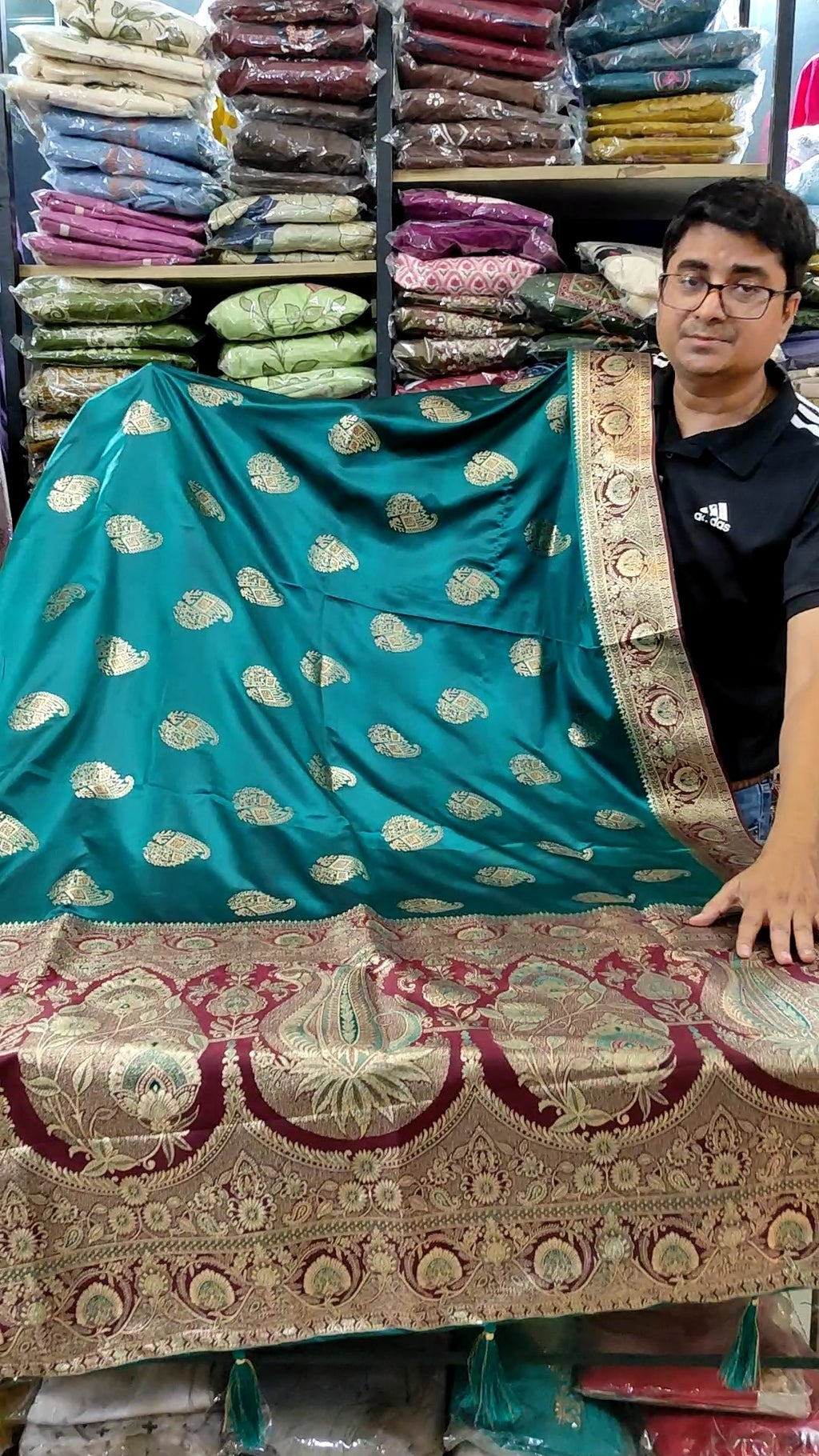 Banarasi Silk Saree | Teal Green Handwoven Zari Buti Saree with Meenakari Paisley Border & Blouse Piece | Indian Wedding & Festival Wear
