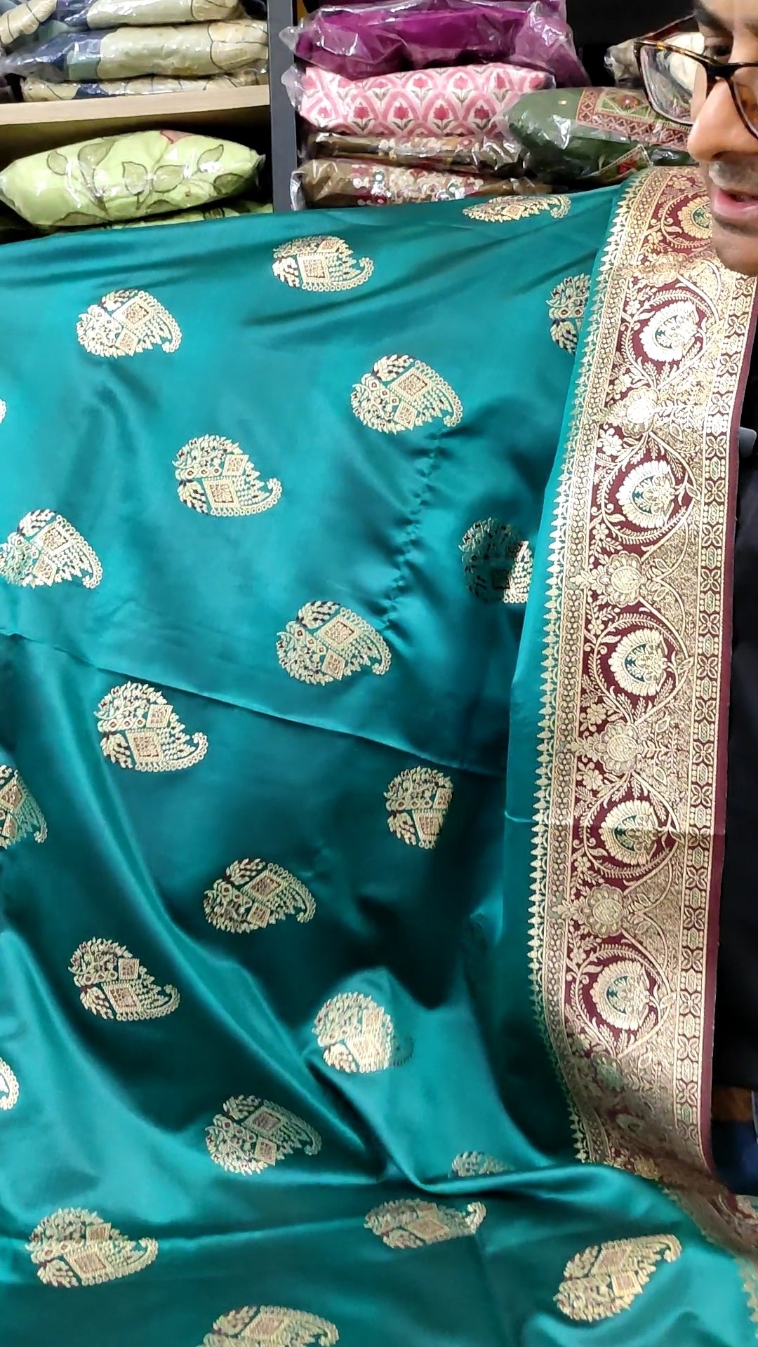 Banarasi Silk Saree | Teal Green Handwoven Zari Buti Saree with Meenakari Paisley Border & Blouse Piece | Indian Wedding & Festival Wear