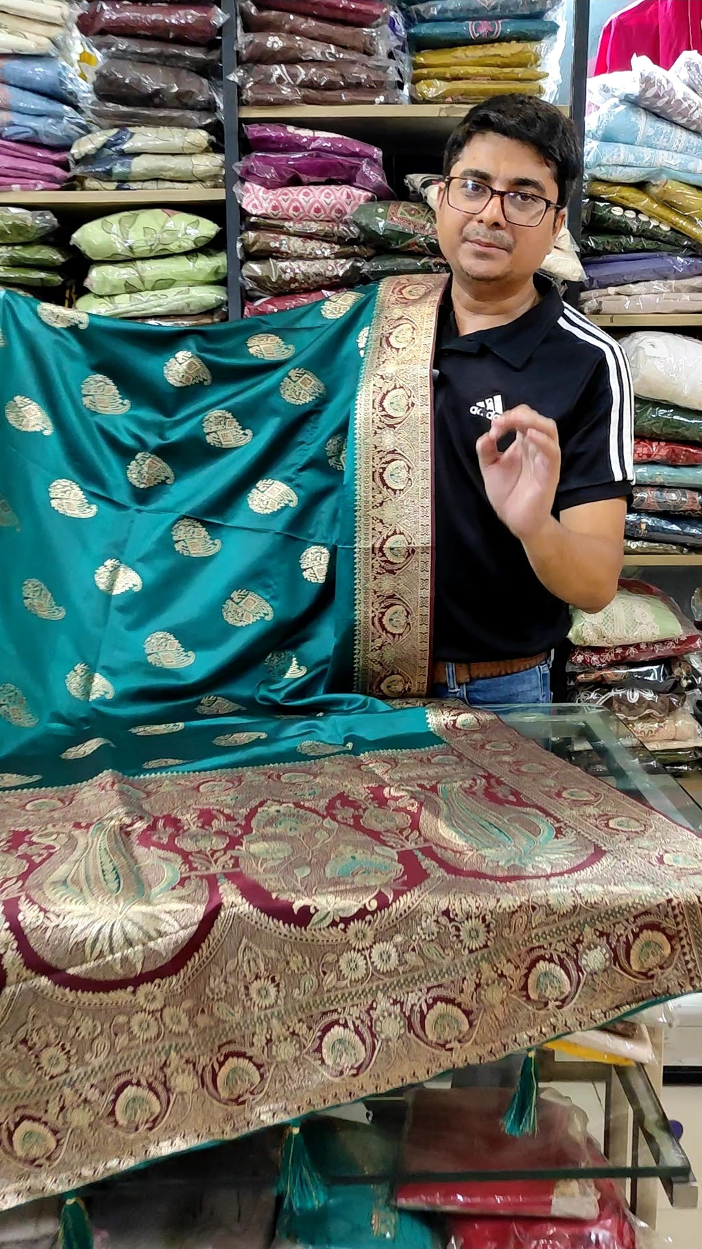 Banarasi Silk Saree | Teal Green Handwoven Zari Buti Saree with Meenakari Paisley Border & Blouse Piece | Indian Wedding & Festival Wear