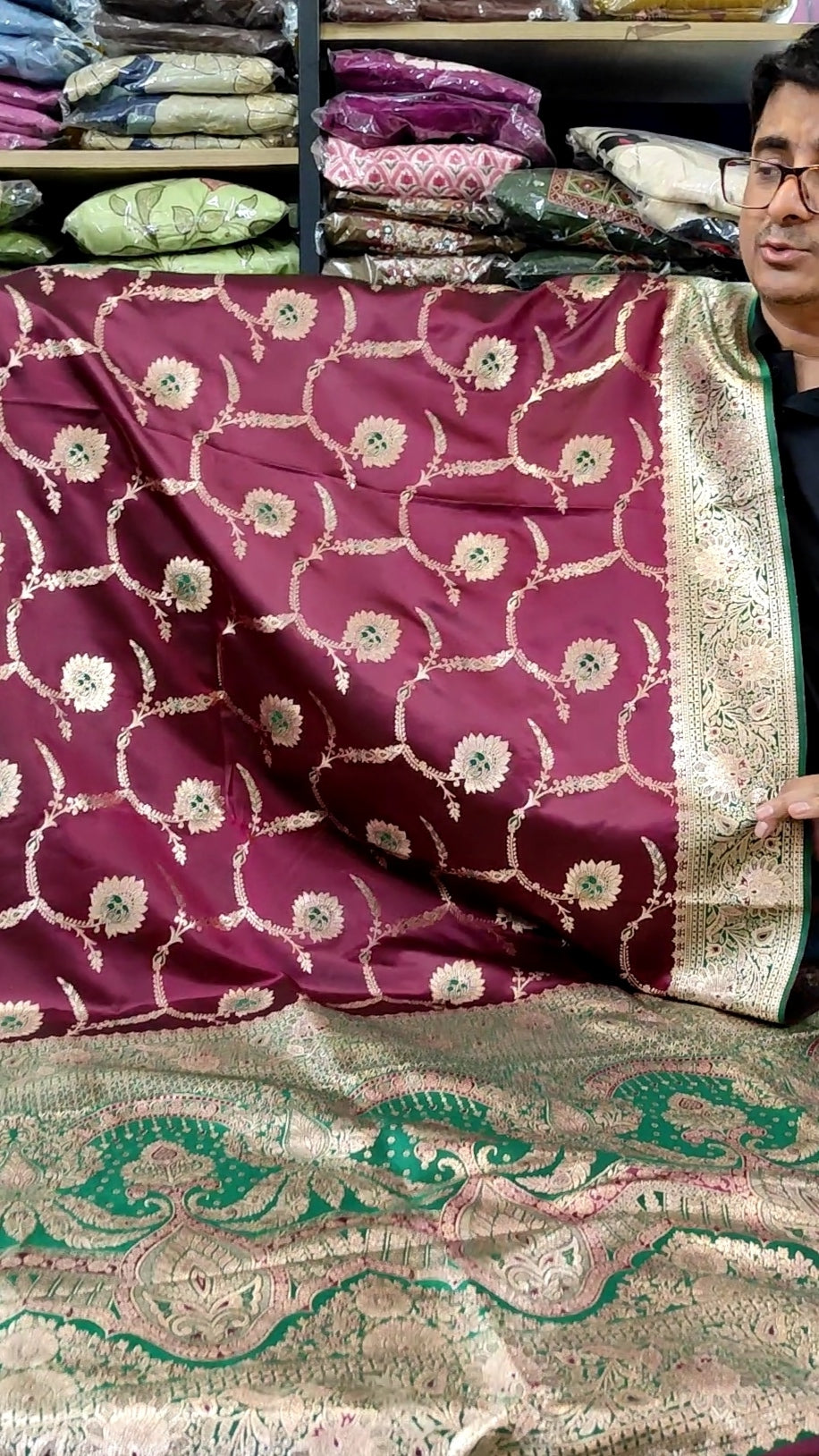 Banarasi Silk Saree | Wine Magenta Handwoven Zari Border Saree with Floral Meenakari Work & Blouse Piece | Indian Wedding & Festival Wear