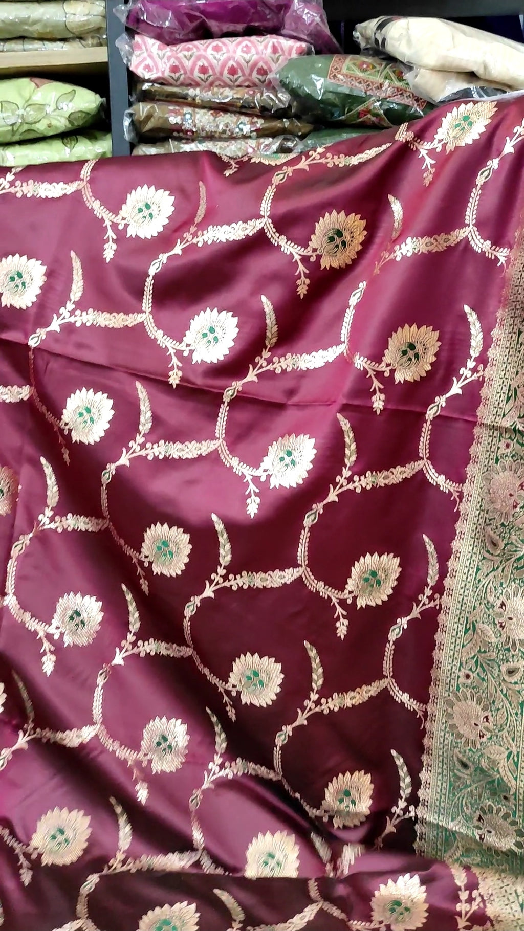 Banarasi Silk Saree | Wine Magenta Handwoven Zari Border Saree with Floral Meenakari Work & Blouse Piece | Indian Wedding & Festival Wear