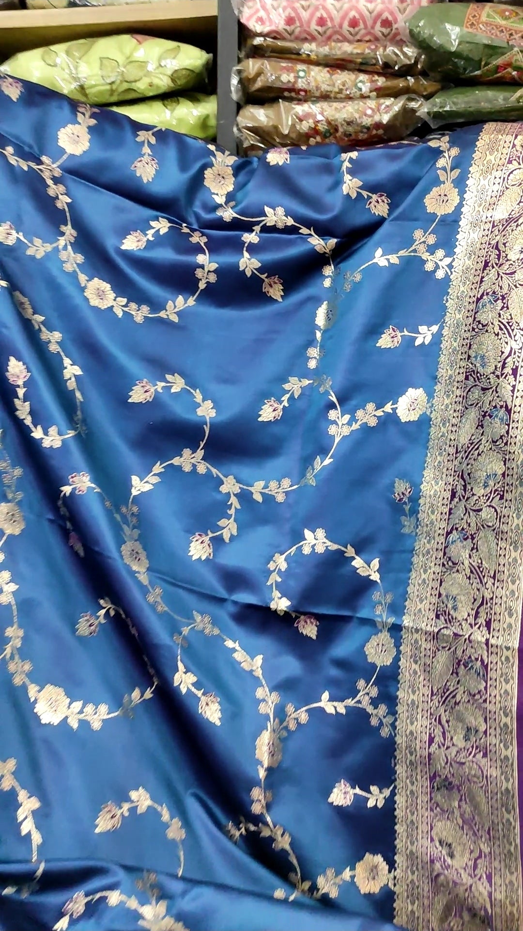 Banarasi Silk Saree | Peacock Blue Handwoven Silver Zari Jaal Saree with Purple Meenakari Pallu & Blouse Piece | Indian Bridal Wedding & Festival Wear