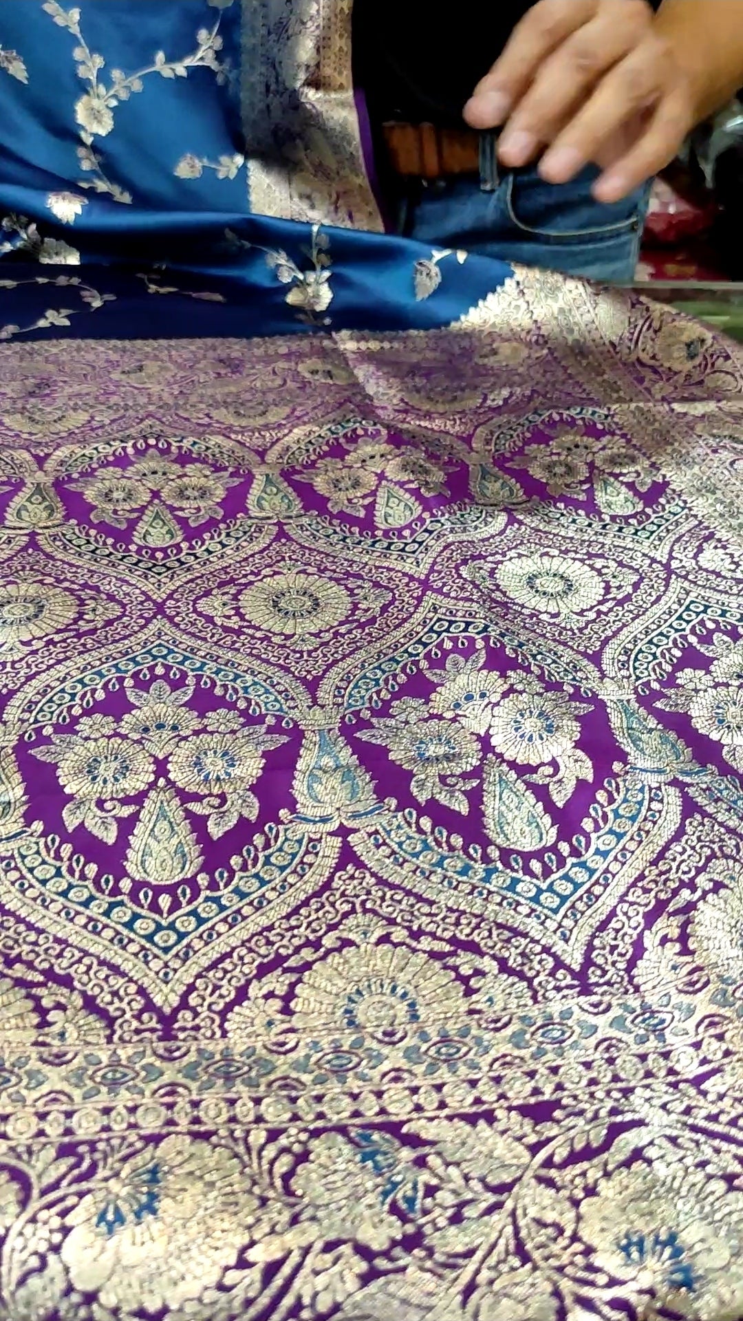 Banarasi Silk Saree | Peacock Blue Handwoven Silver Zari Jaal Saree with Purple Meenakari Pallu & Blouse Piece | Indian Bridal Wedding & Festival Wear