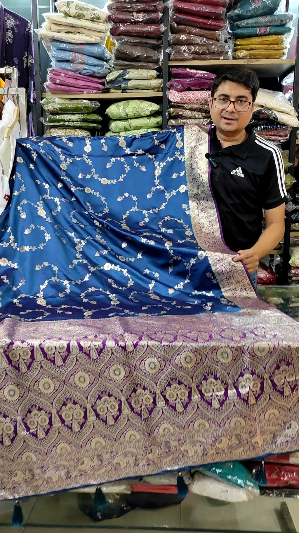 Banarasi Silk Saree | Peacock Blue Handwoven Silver Zari Jaal Saree with Purple Meenakari Pallu & Blouse Piece | Indian Bridal Wedding & Festival Wear