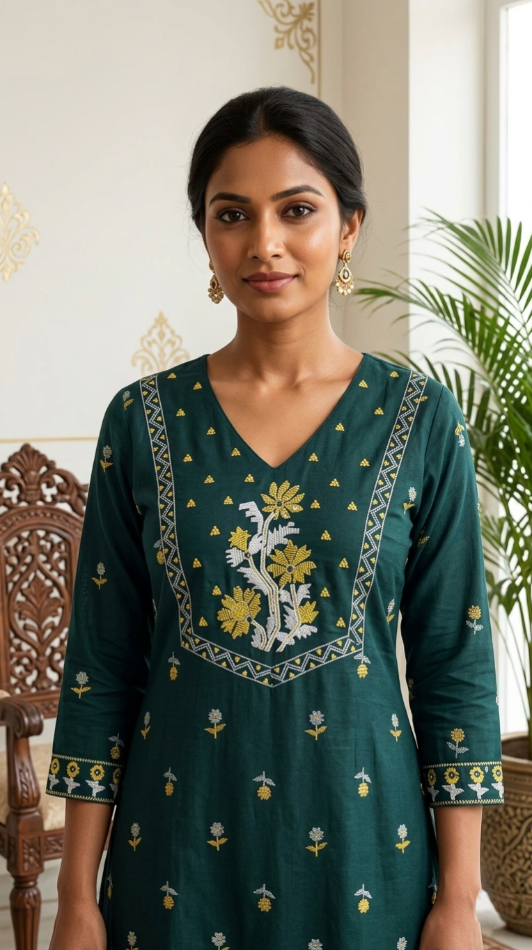 Women Dark Green Thread & Beads Embroidery Cotton Kurta Pant And Dupatta Set