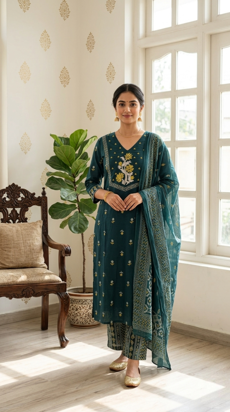 Women Dark Green Thread & Beads Embroidery Cotton Kurta Pant And Dupatta Set