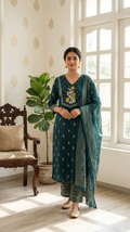 Women Dark Green Thread & Beads Embroidery Cotton Kurta Pant And Dupatta Set