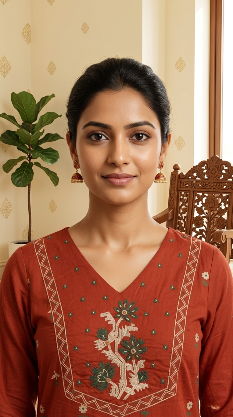 Women Rust Embroidered Cotton Kurta Pant Dupatta Set