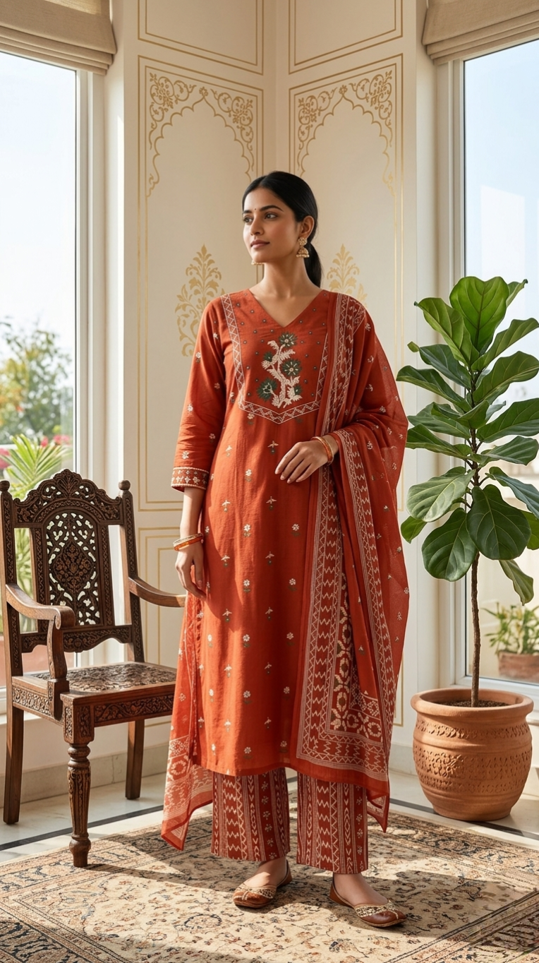 Women Rust Embroidered Cotton Kurta Pant Dupatta Set