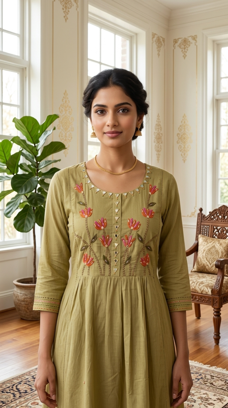 Women Olive Green Floral Thread Embroidered Cotton Kurta Pant Dupatta Set