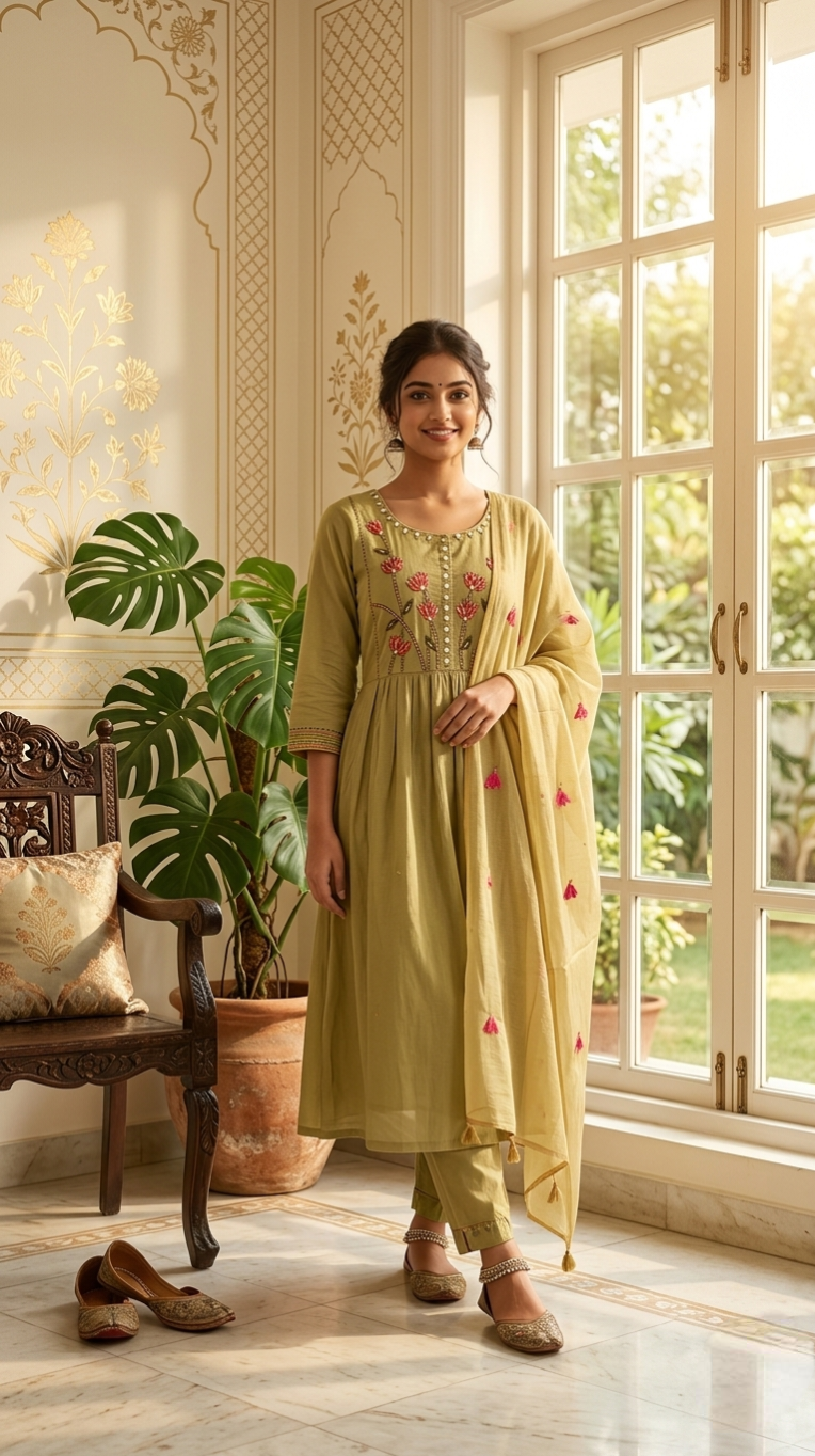 Women Olive Green Floral Thread Embroidered Cotton Kurta Pant Dupatta Set