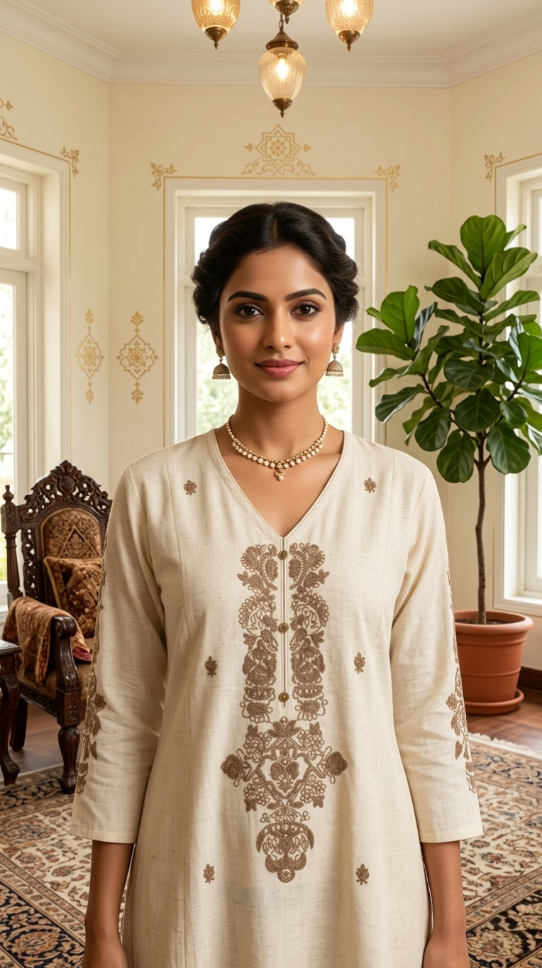 Women Beige Embroidered Cotton Kurta Pant Dupatta Set