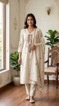 Women Beige Embroidered Cotton Kurta Pant Dupatta Set