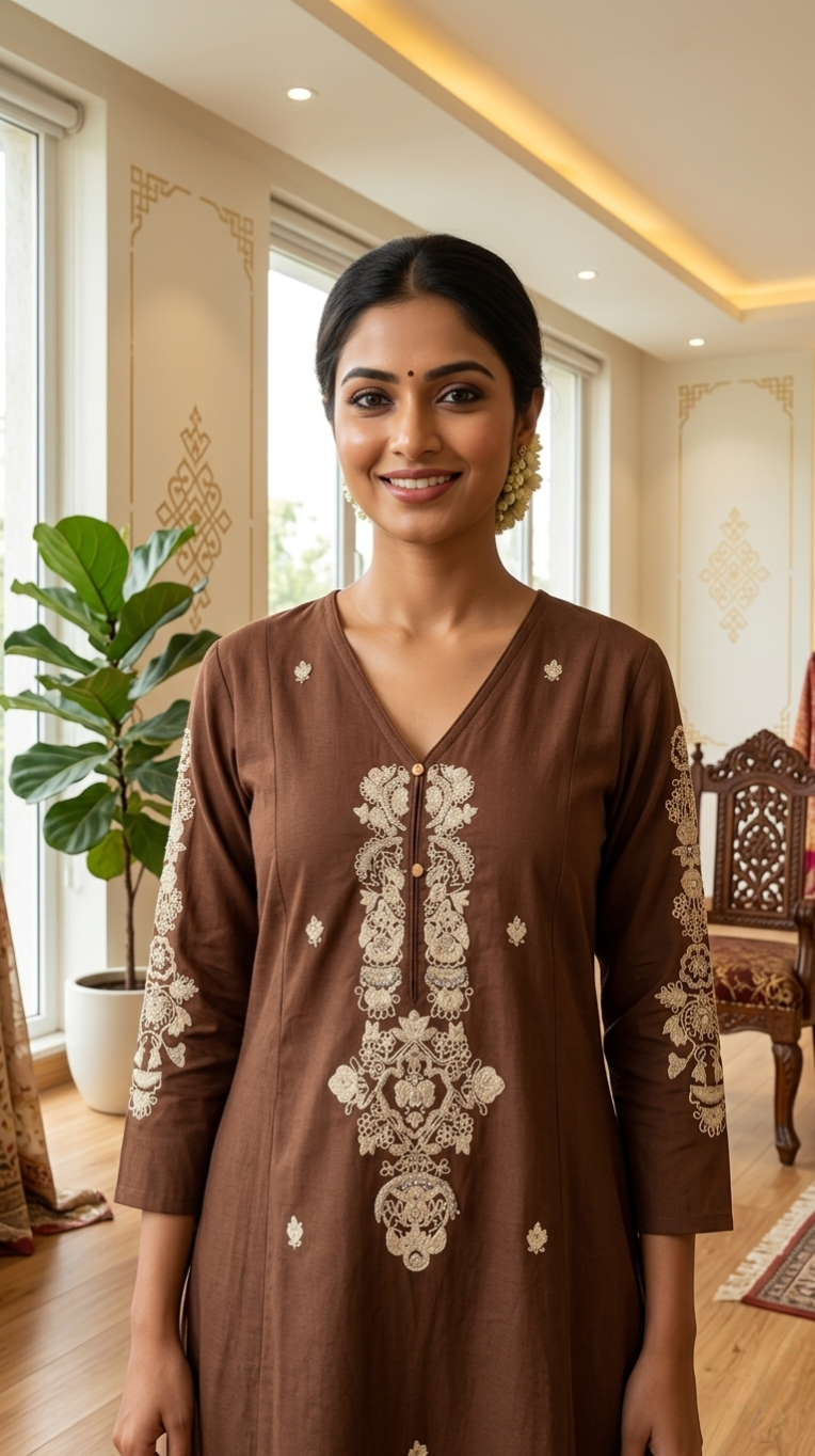 Women Brown Embroidered Cotton Kurta Pant Dupatta Set