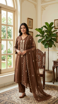 Women Brown Embroidered Cotton Kurta Pant Dupatta Set