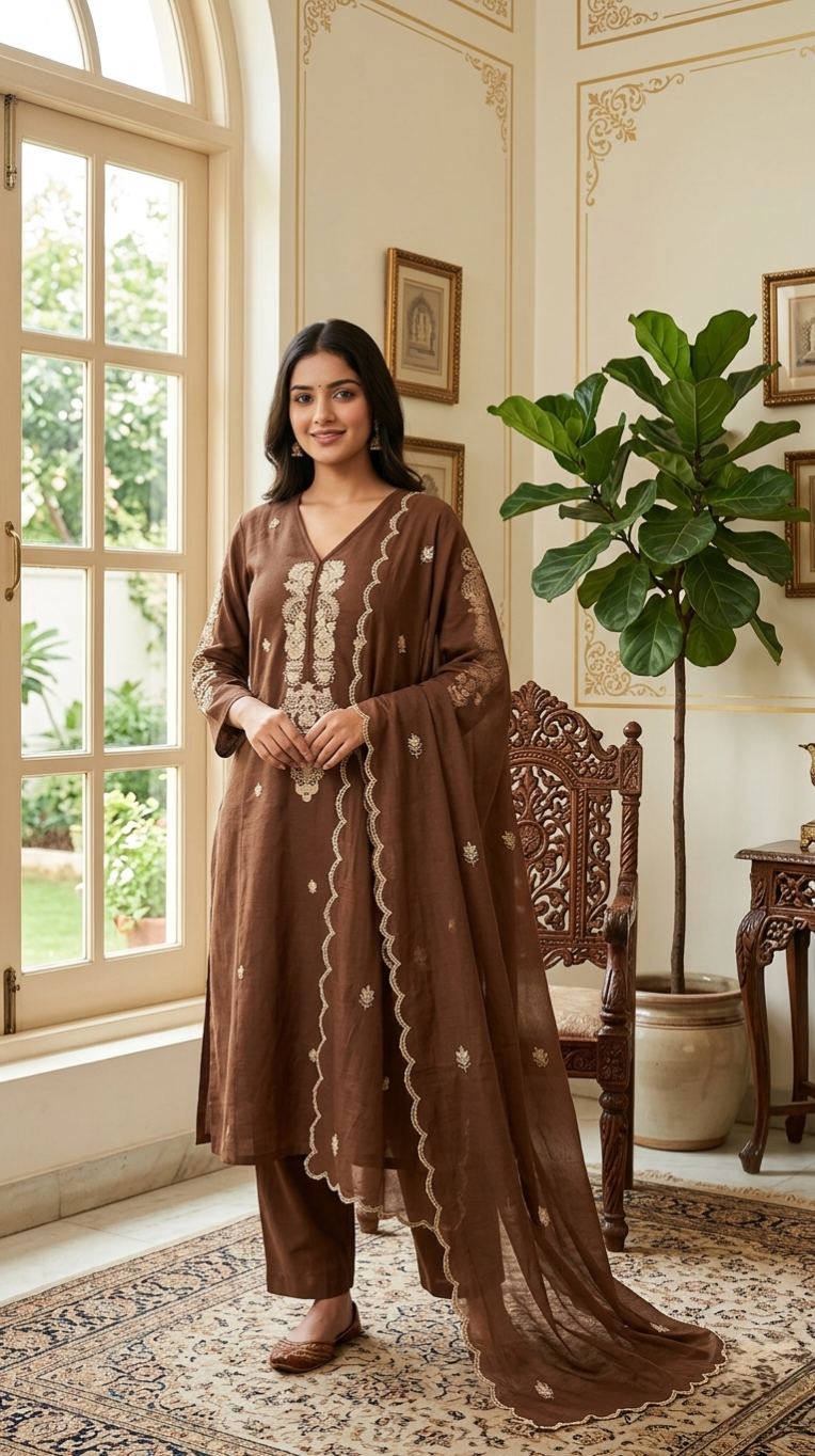 Women Brown Embroidered Cotton Kurta Pant Dupatta Set