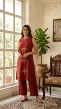 Women Rust Embroidered Cotton Kurta Pant Set
