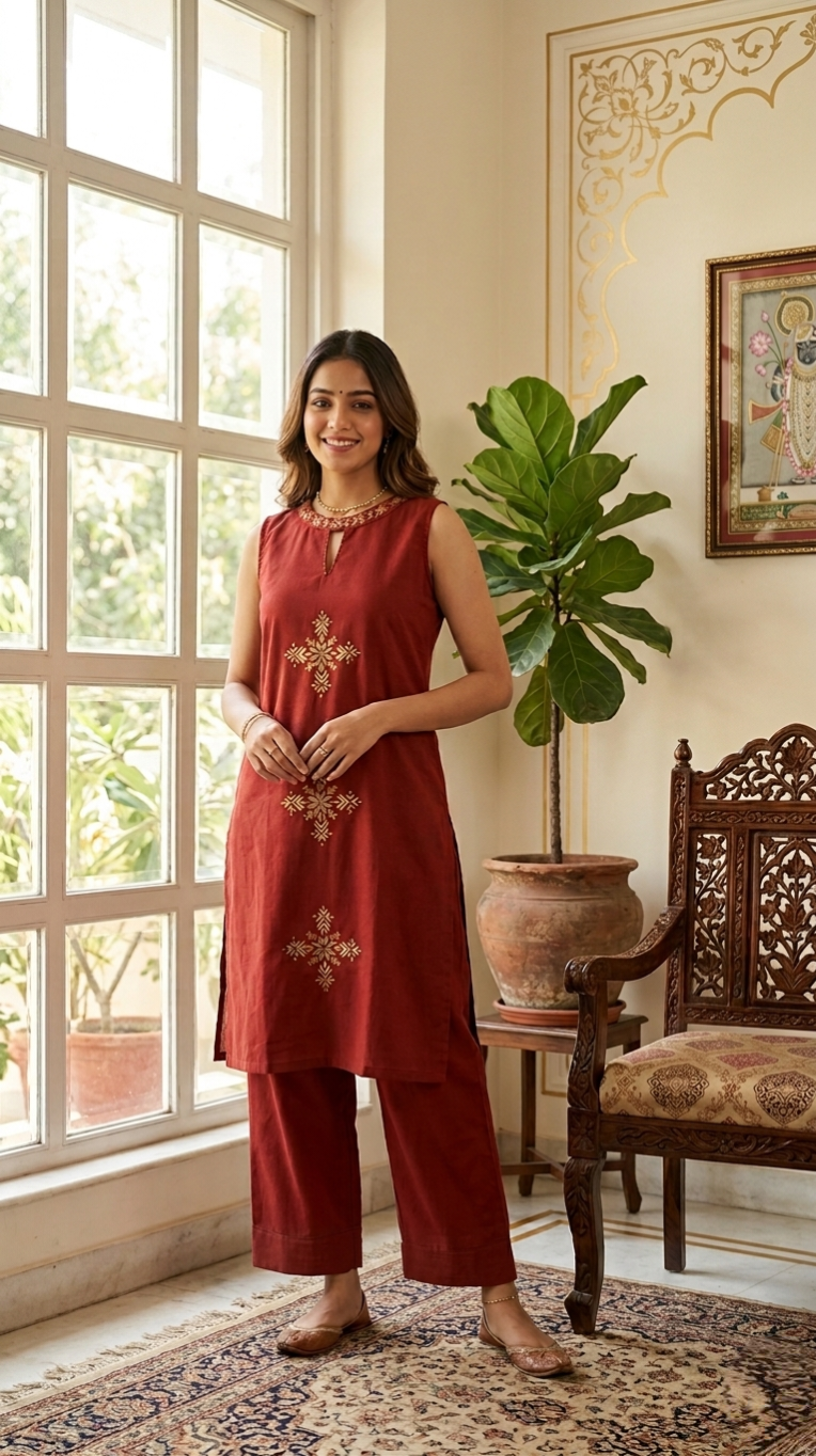 Women Rust Embroidered Cotton Kurta Pant Set