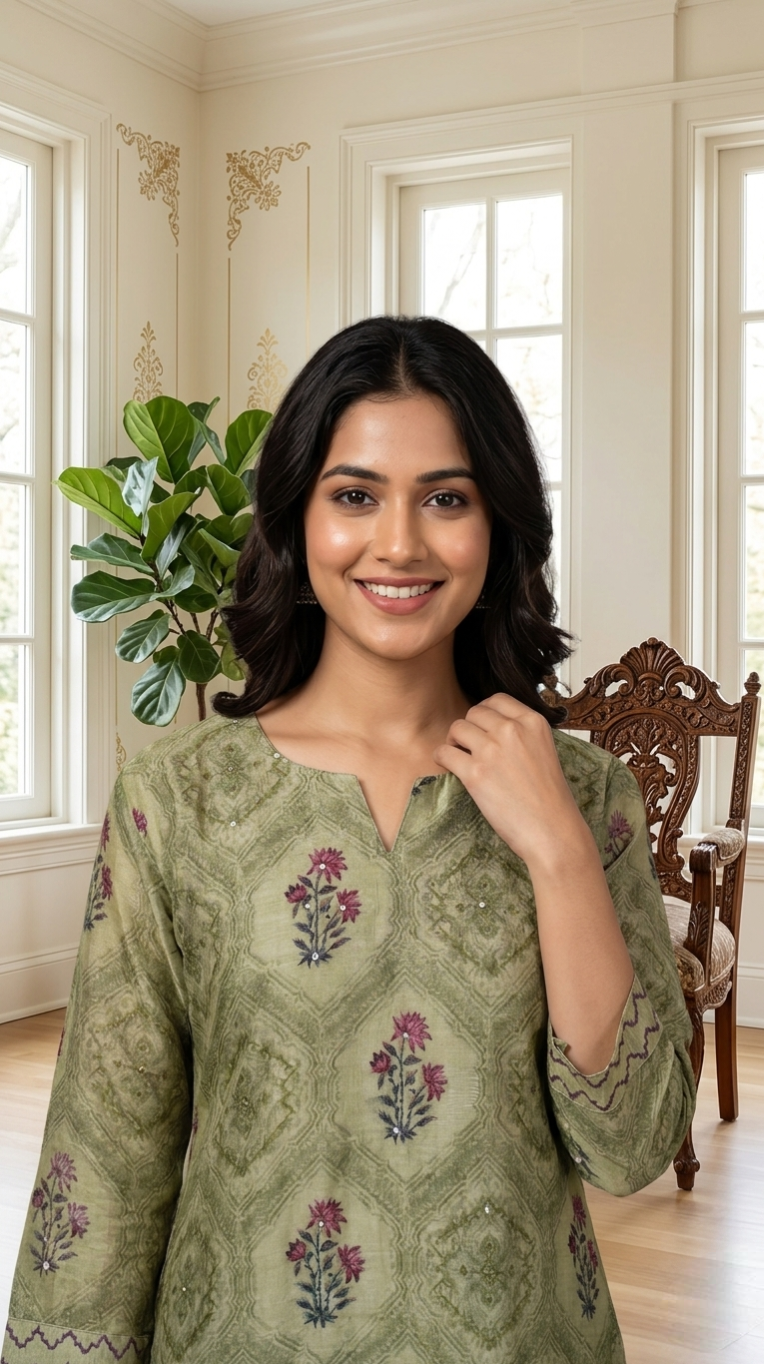 Women Mehandi Katha Stich Work Chanderi Silk Kurta Pant Dupatta Set