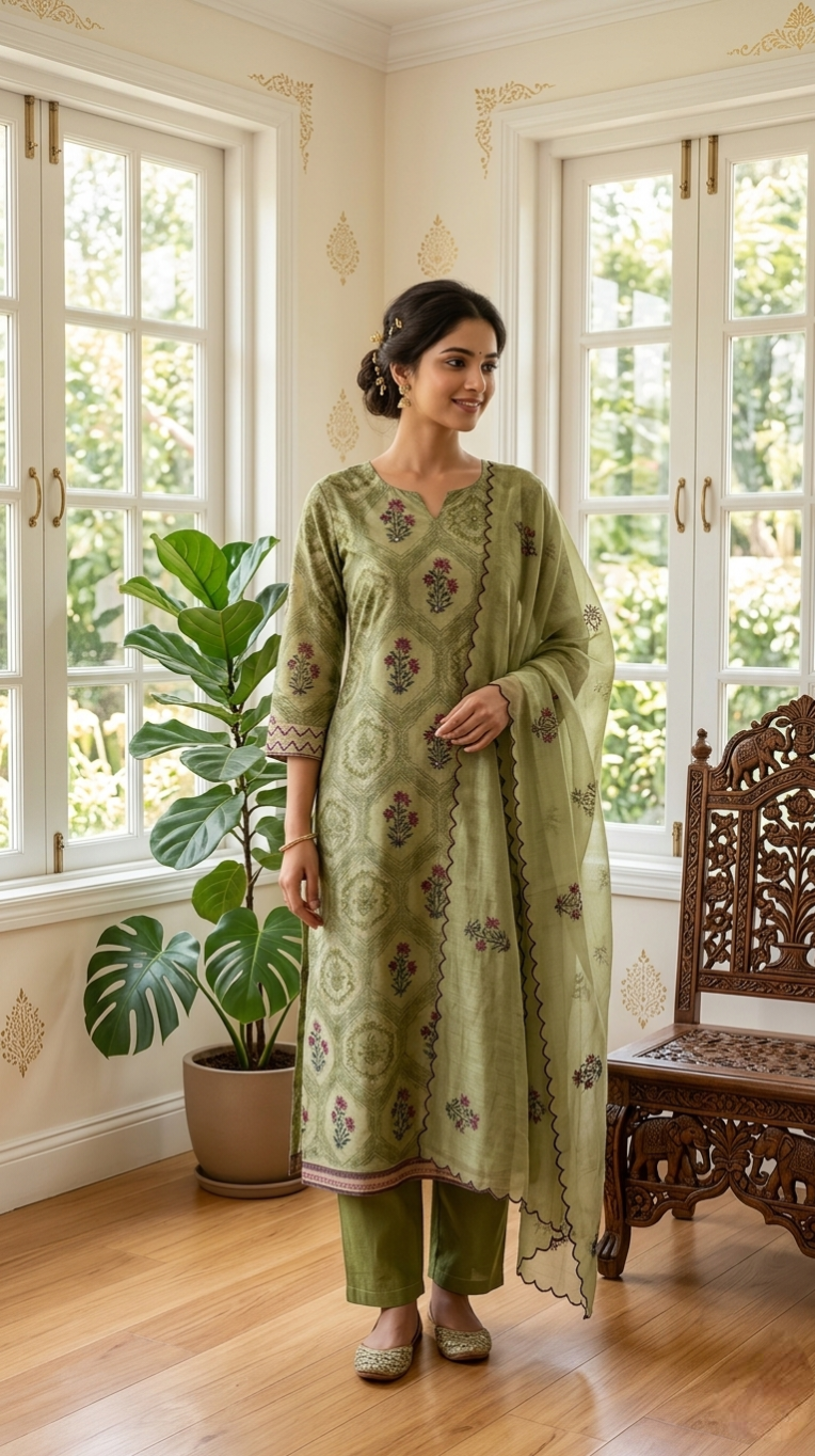 Women Mehandi Katha Stich Work Chanderi Silk Kurta Pant Dupatta Set