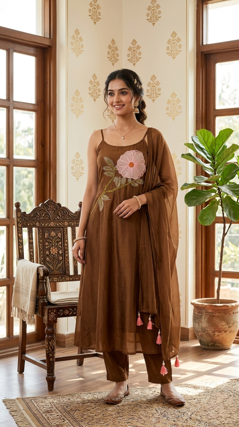 Women Bronze Applique Work Silk Kurta Pant Dupatta Set