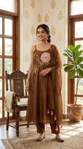 Women Bronze Applique Work Silk Kurta Pant Dupatta Set