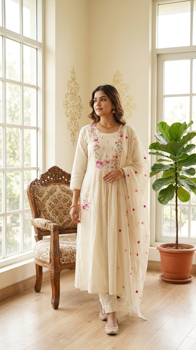 Women Off White Thread Work Linen Cotton Kurta Pant Dupatta Set