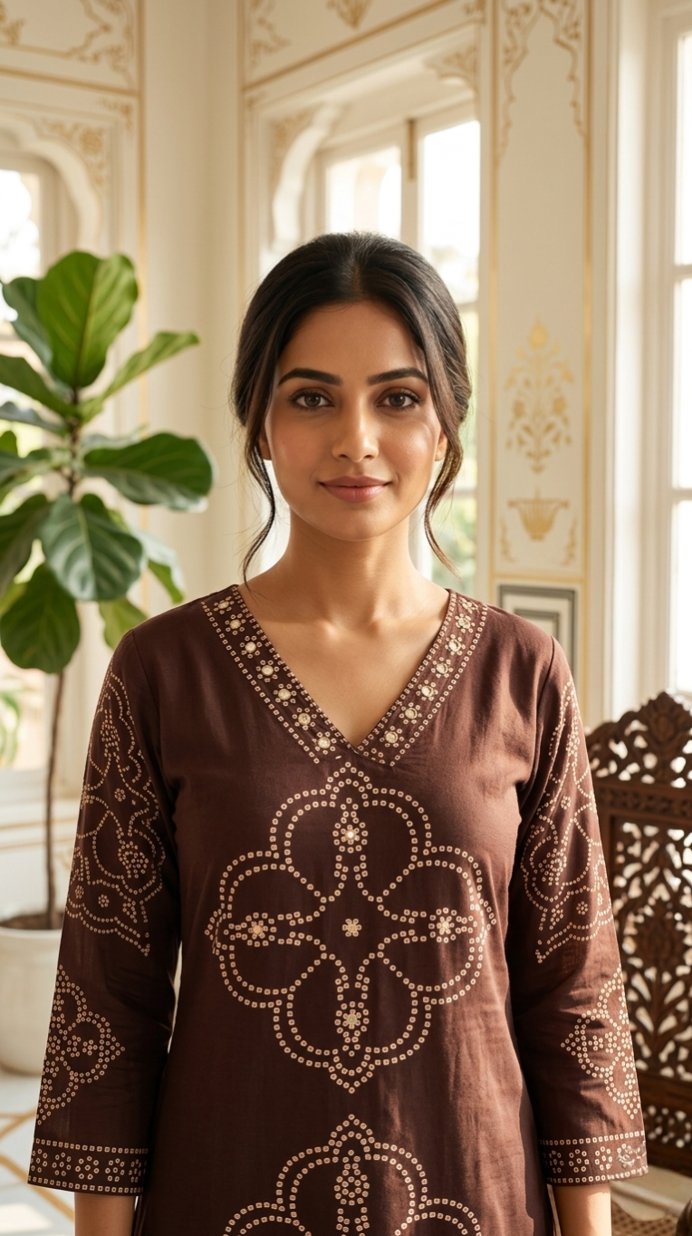 Women Coffee Printed Cotton Kurta Pant Dupatta Set