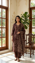 Women Coffee Printed Cotton Kurta Pant Dupatta Set