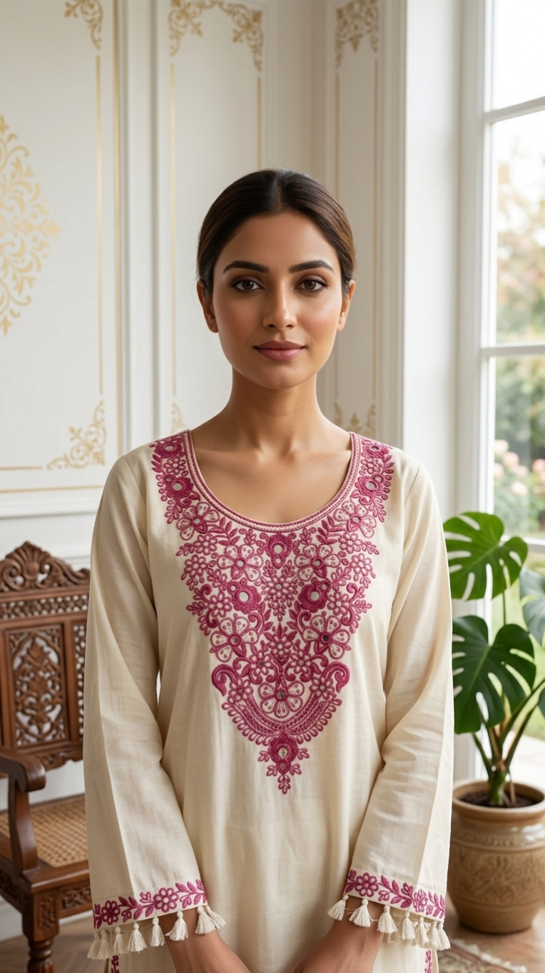Women Off White Floral  Embroidered Cotton Kurta Pant Dupatta Set