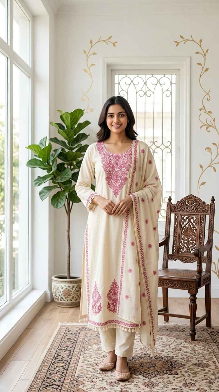 Women Off White Floral  Embroidered Cotton Kurta Pant Dupatta Set
