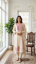 Women Off White Floral  Embroidered Cotton Kurta Pant Dupatta Set