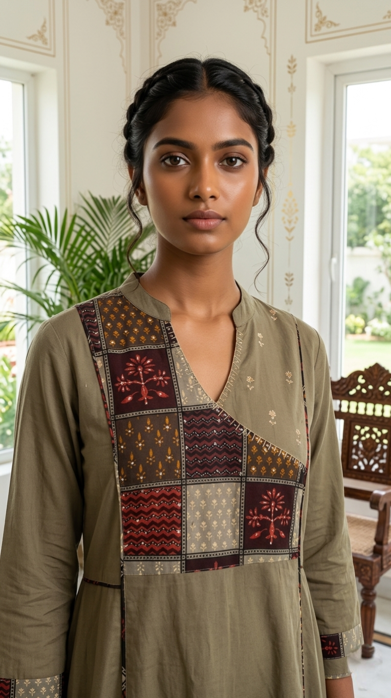 Women Olive Brown Patch Work Cotton Kurta Pant Dupatta Set