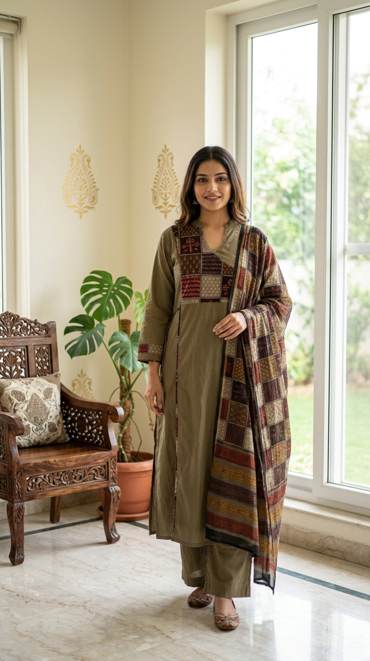 Women Olive Brown Patch Work Cotton Kurta Pant Dupatta Set