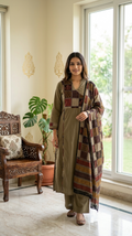 Women Olive Brown Patch Work Cotton Kurta Pant Dupatta Set