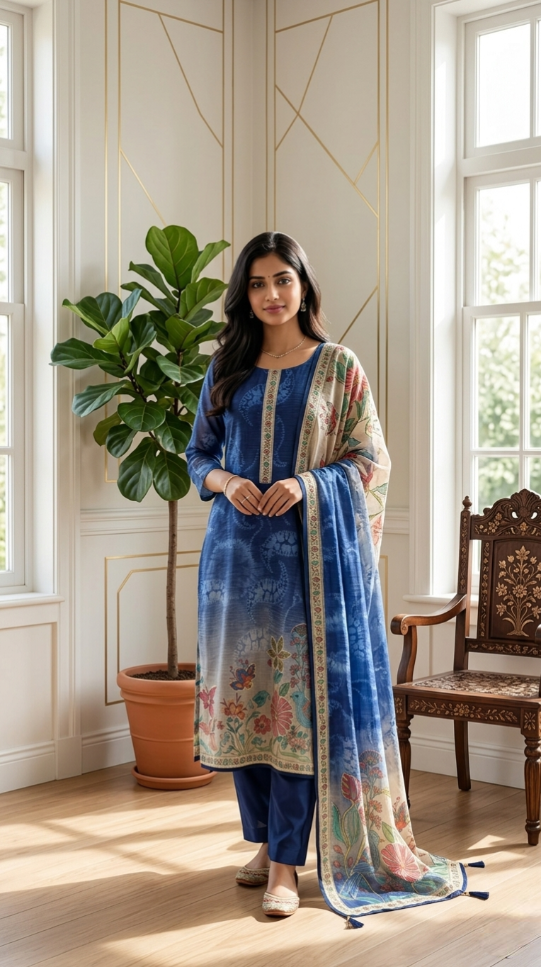 Women Blue Katha Stich Work Chanderi Silk Kurta Pant Dupatta Set