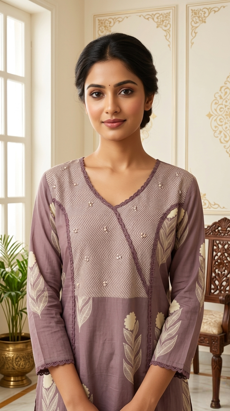 Women Wine Beads Work Cotton Kurta Pant Dupatta Set