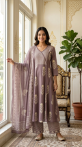 Women Wine Beads Work Cotton Kurta Pant Dupatta Set