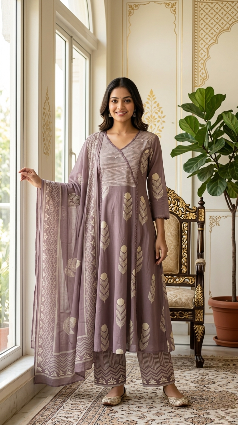 Women Wine Beads Work Cotton Kurta Pant Dupatta Set
