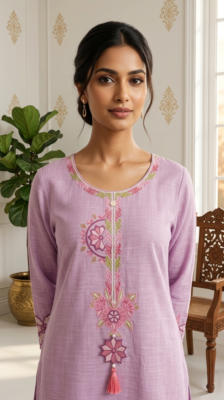 Women Wine Floral Embroidered Cotton Kurta Pant Dupatta Set
