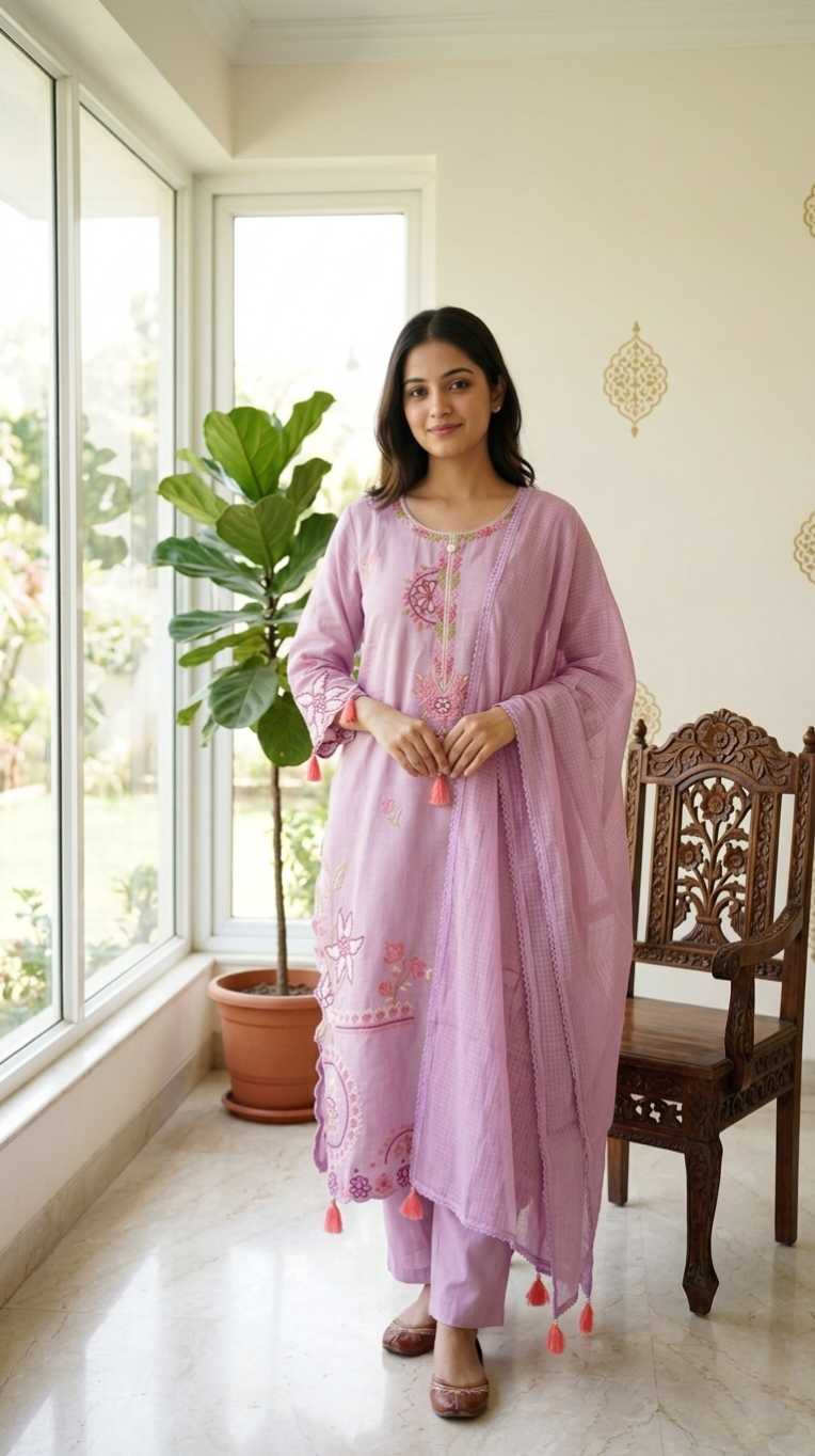 Women Wine Floral Embroidered Cotton Kurta Pant Dupatta Set