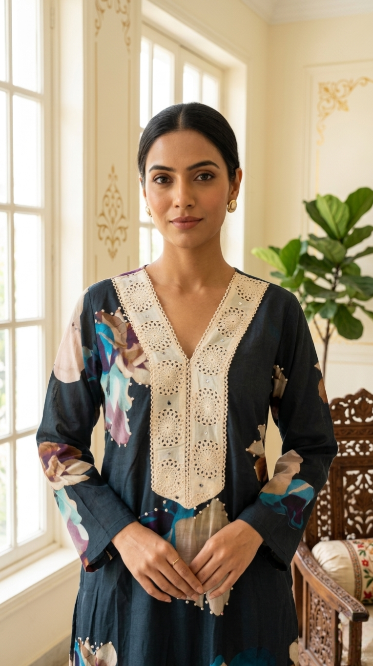 Women Navy Blue Printed With Lace Work Cotton Kurta Pant Dupatta Set