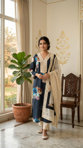 Women Navy Blue Printed With Lace Work Cotton Kurta Pant Dupatta Set