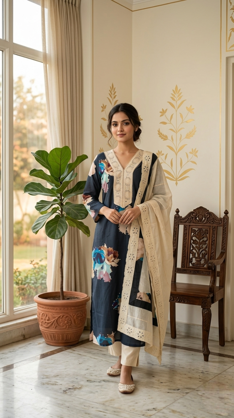 Women Navy Blue Printed With Lace Work Cotton Kurta Pant Dupatta Set
