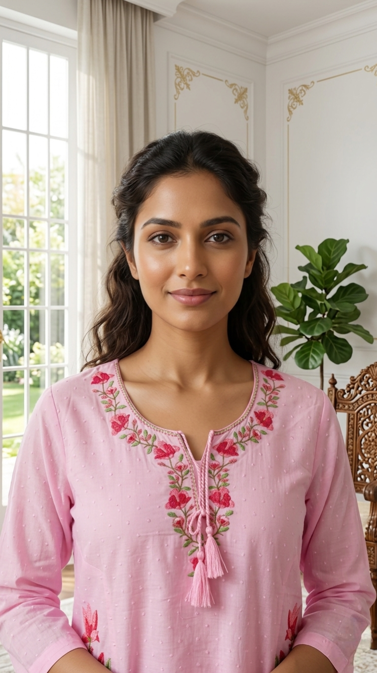 Women Pink Floral Embroidered Cotton Kurta Pant Dupatta Set