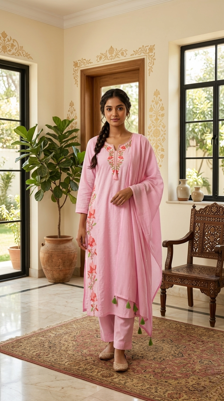 Women Pink Floral Embroidered Cotton Kurta Pant Dupatta Set