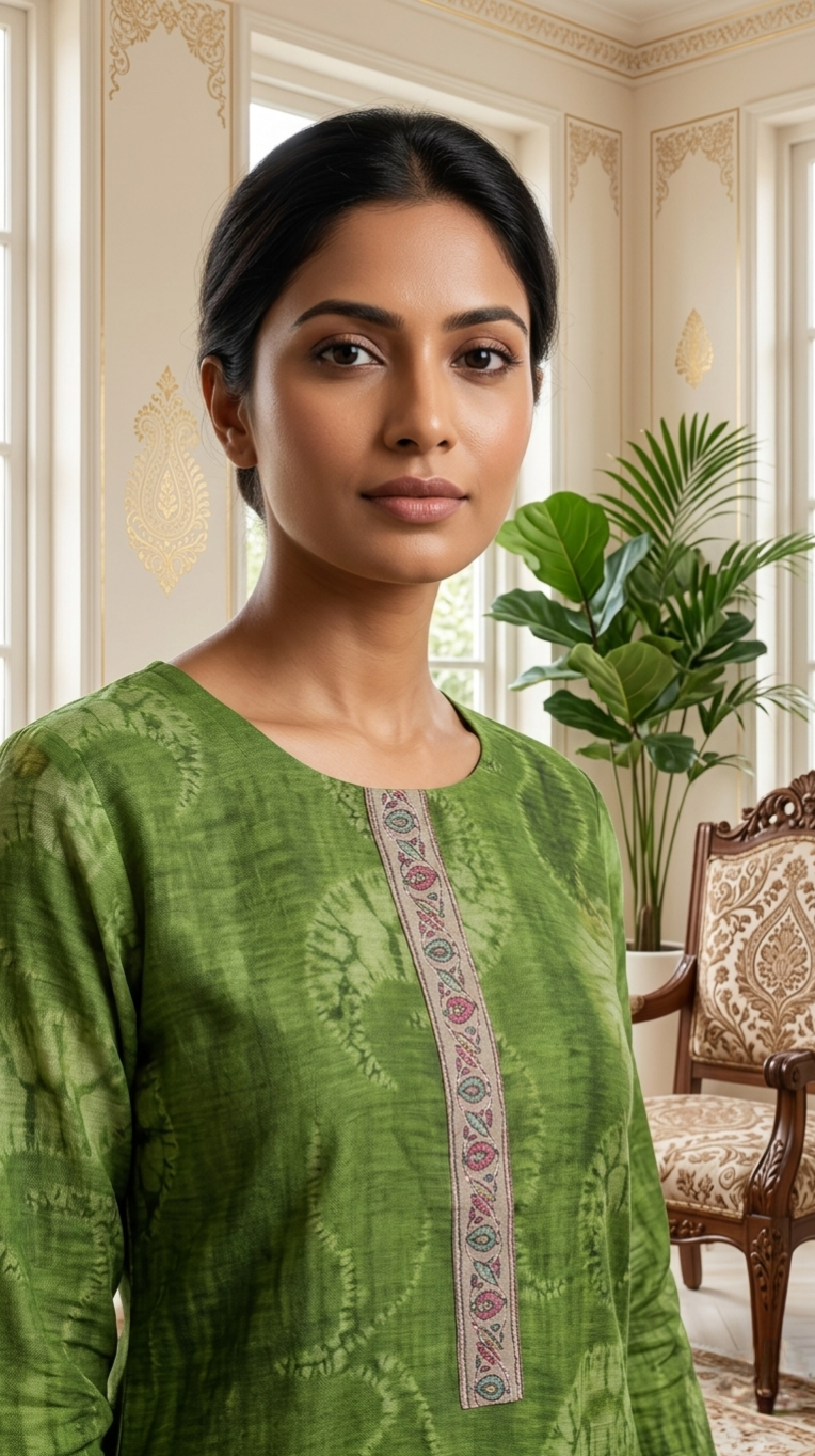 Women Green Katha Stich Work Chanderi Silk Kurta Pant Dupatta Set