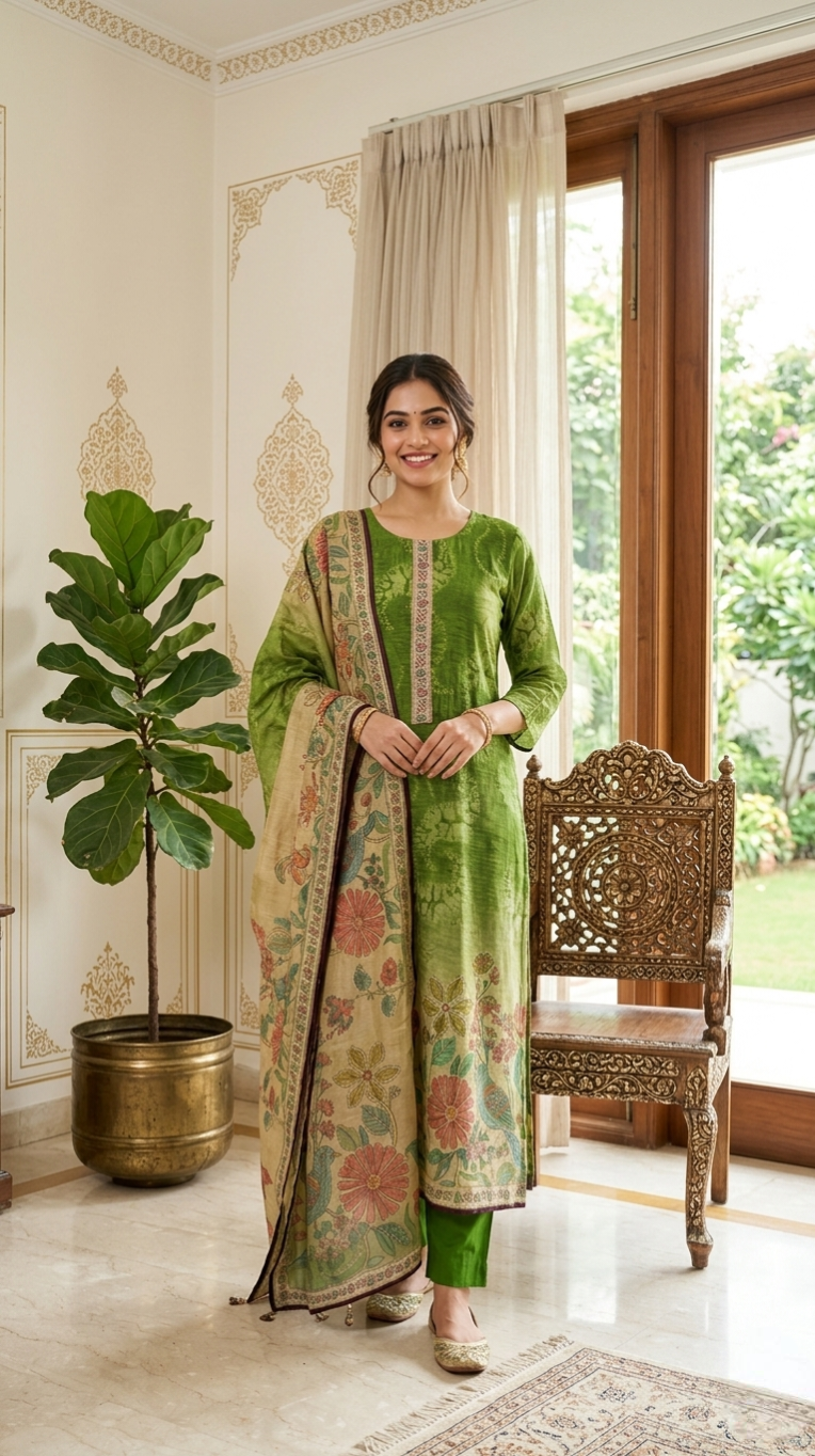 Women Green Katha Stich Work Chanderi Silk Kurta Pant Dupatta Set