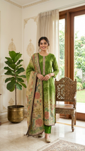 Women Green Katha Stich Work Chanderi Silk Kurta Pant Dupatta Set