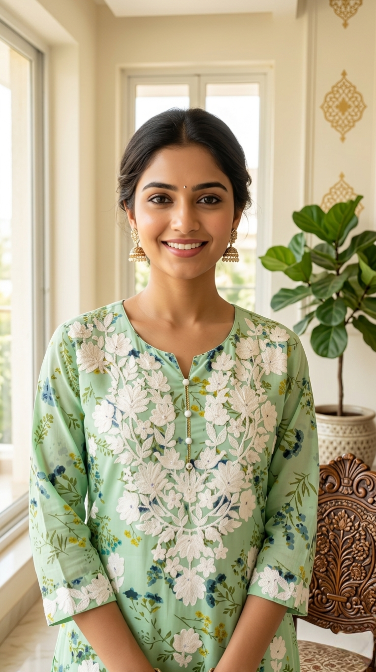 Women Pista Green Lucknowi Work Cotton Kurta Pant Dupatta Set